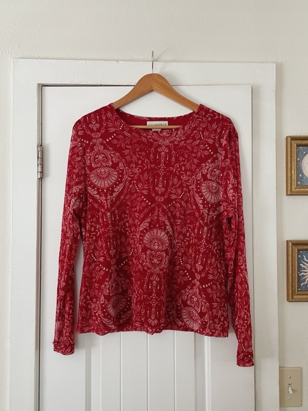 Sag Harbor Y2K Paisley Boho Mesh Women's Red Long-Sleeve Printed Top Size XL